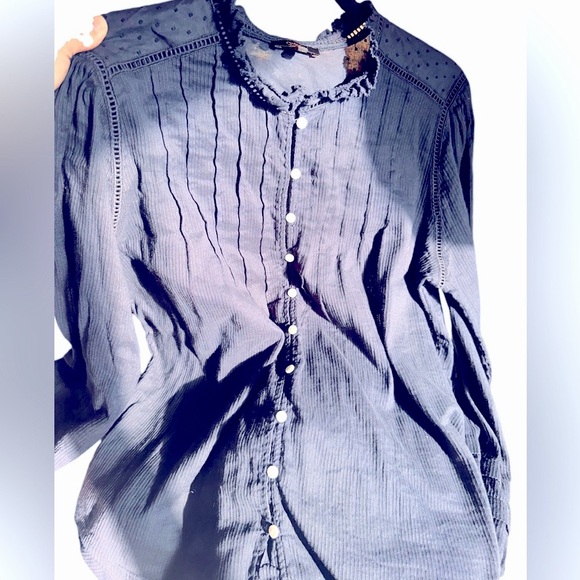 Quince Navy Blue Pintuck Button-Up Blouse - Picture 3 of 8